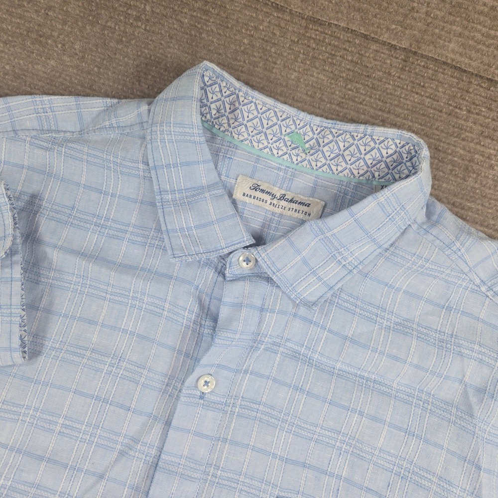 Tommy Bahama Mens XL Light Blue Barbados Breeze Stretch Linen Plaid Button Shirt